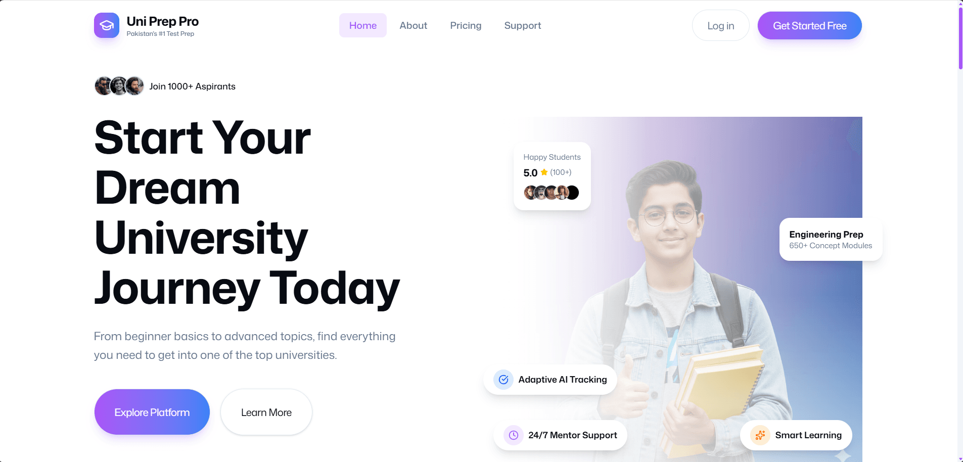 Uni Prep Pro dashboard with practice questions and performance analytics